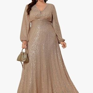 Elegant Long Sleeve Gold Sequin Evening Gown